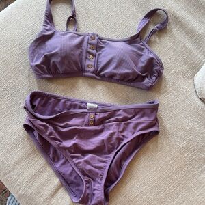 Time and Tru Purple Ribbed Two-Piece Bikini with Button Detail L(12/14)